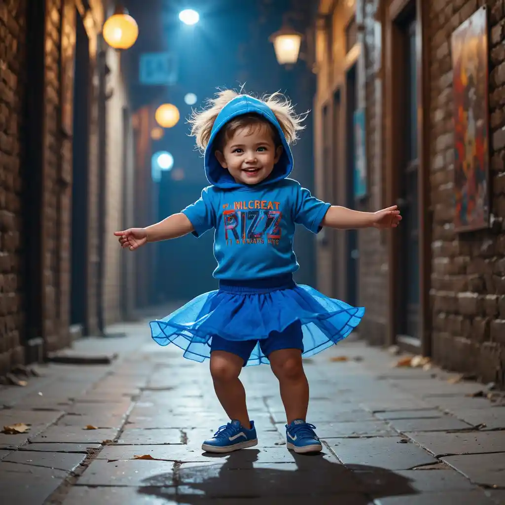Allegra bambina che balla in un vicolo urbano poco illuminato