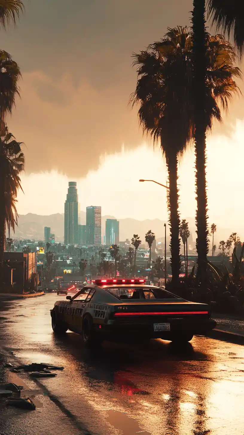 Futuristic police robot patrols a chaotic Los Angeles street