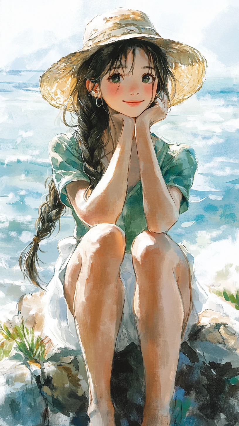 Japanisches Mädchen mit Hut sitzt auf Küstenfelsen in Aquarell