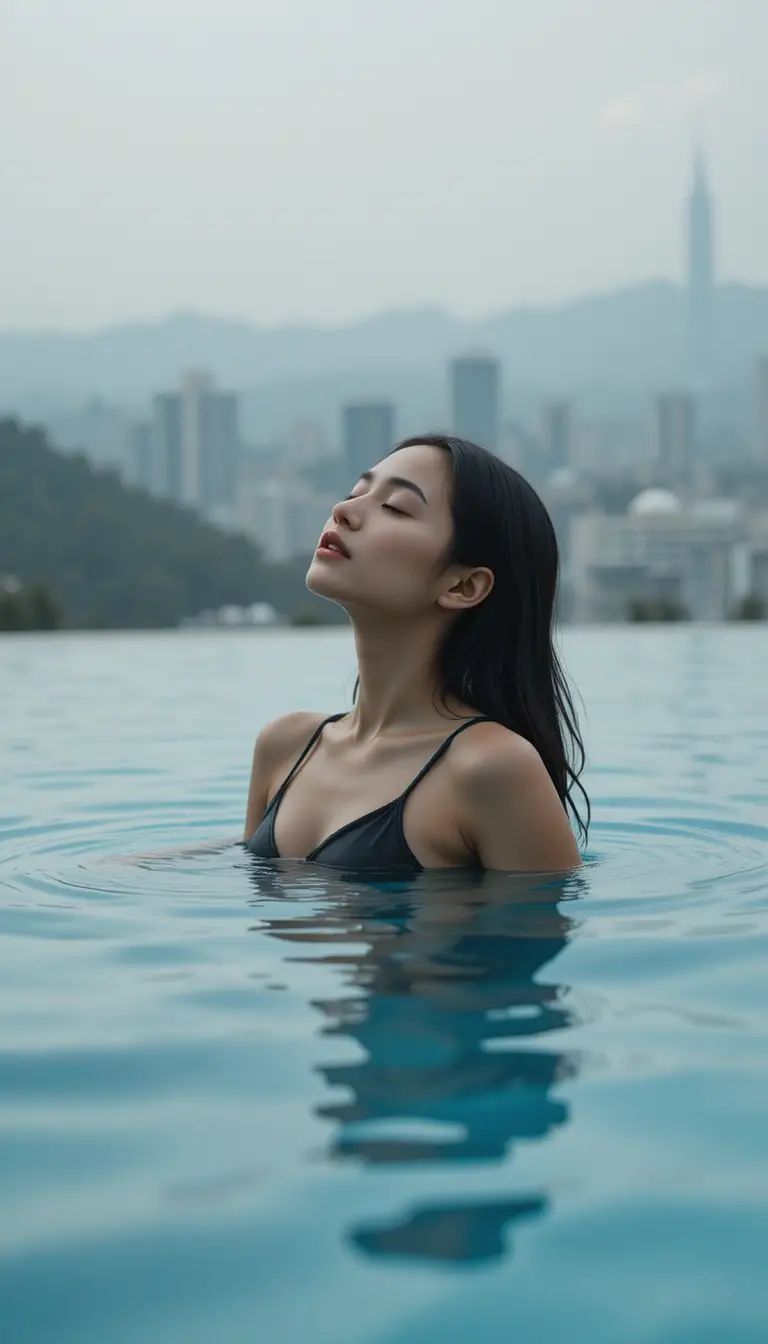 Young woman floating in an infinity pool with city skyline