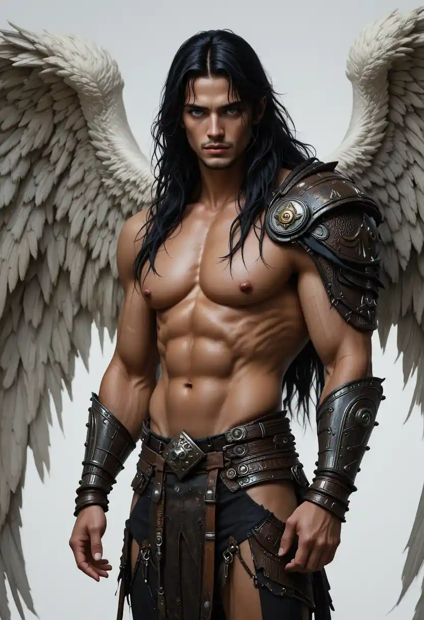Black haired angel warrior in leather and metal armor