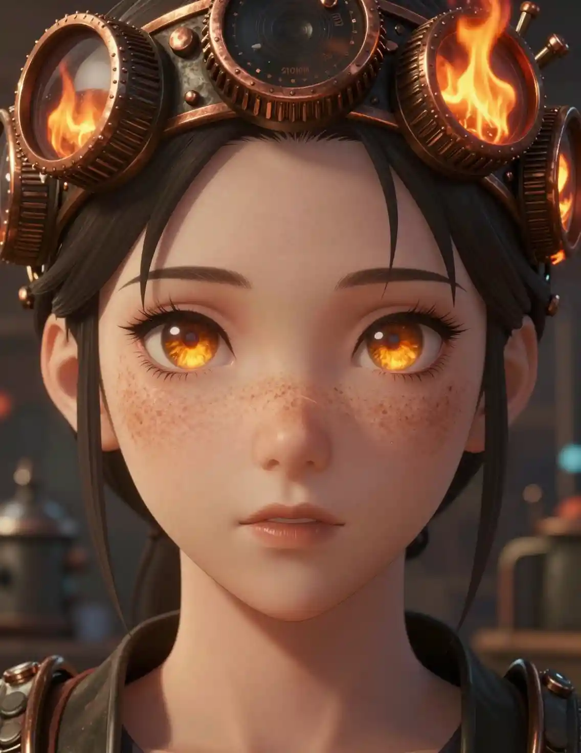 Garota de anime com coroa steampunk e olhos âmbar brilhantes
