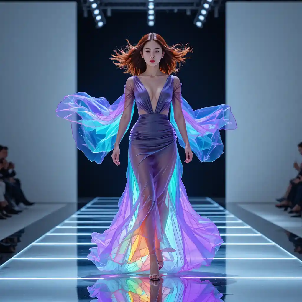 Modelo coreana em power walk com alta-costura de plasma luminoso