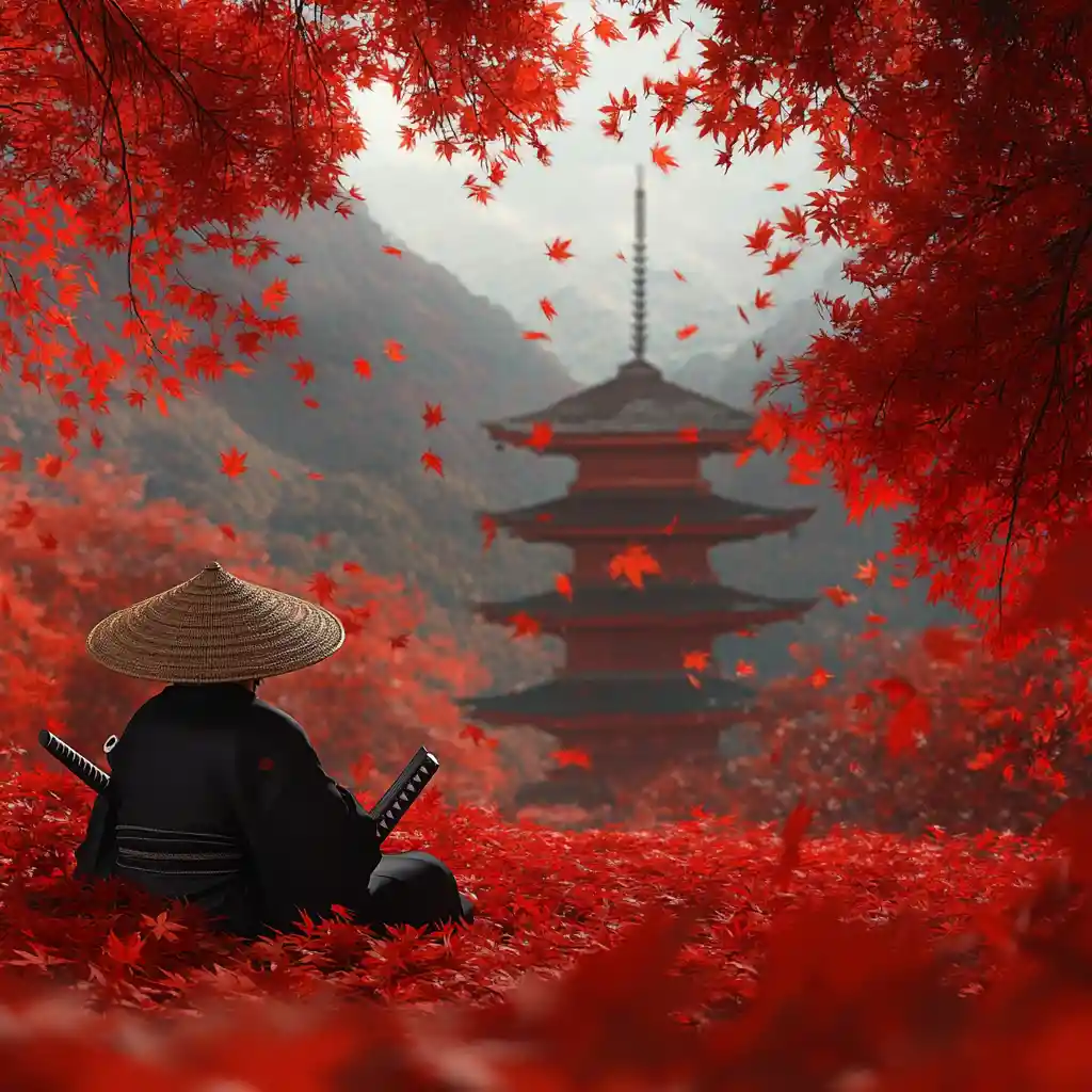 Samurai in black kimono among falling red maple leaves