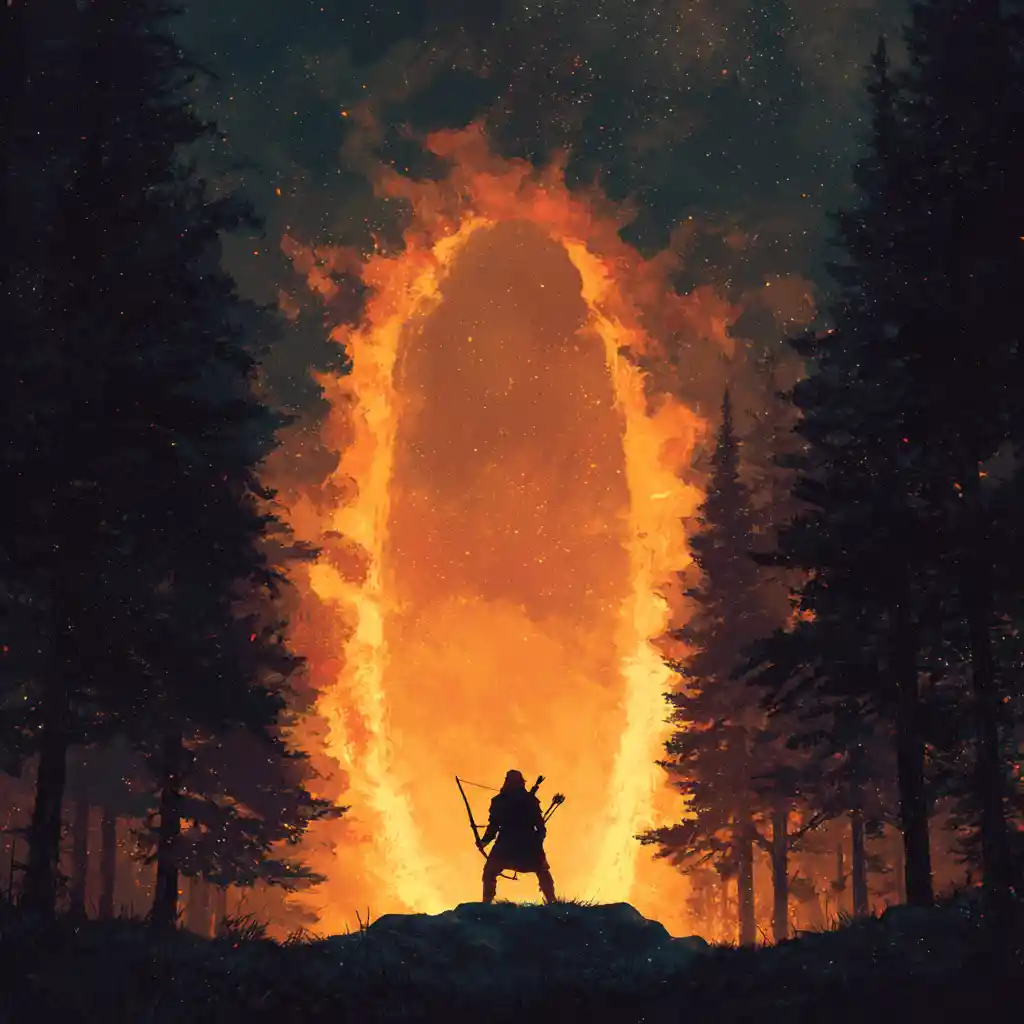 Arciere corazzato davanti a un portale fiammeggiante nella foresta oscura