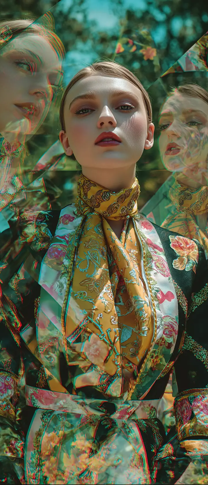 Surreal fashion collage with kaleidoscopic dreamlike fragments