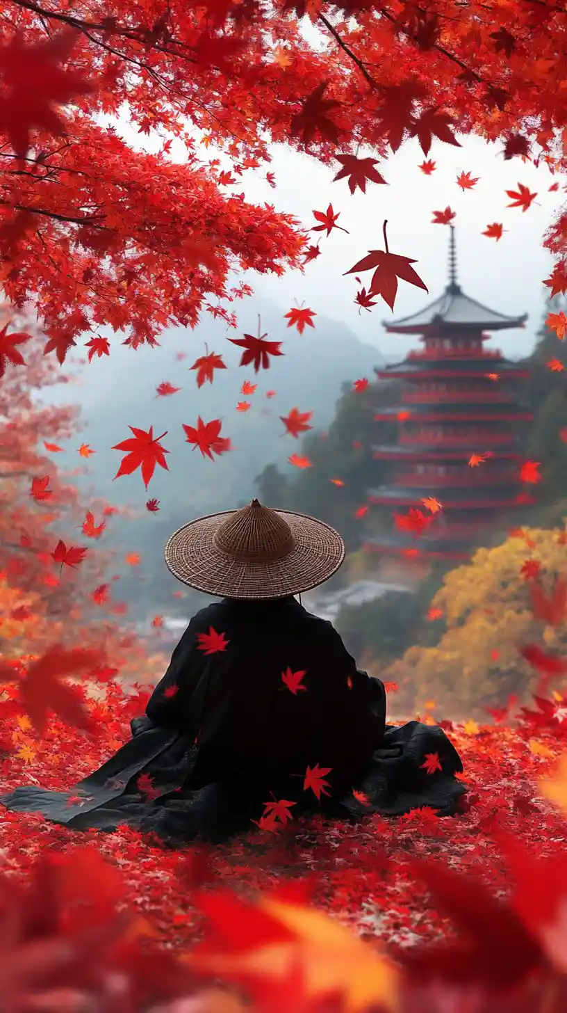 Samurai ruht zwischen roten Ahornblättern bei einer fernen Pagode