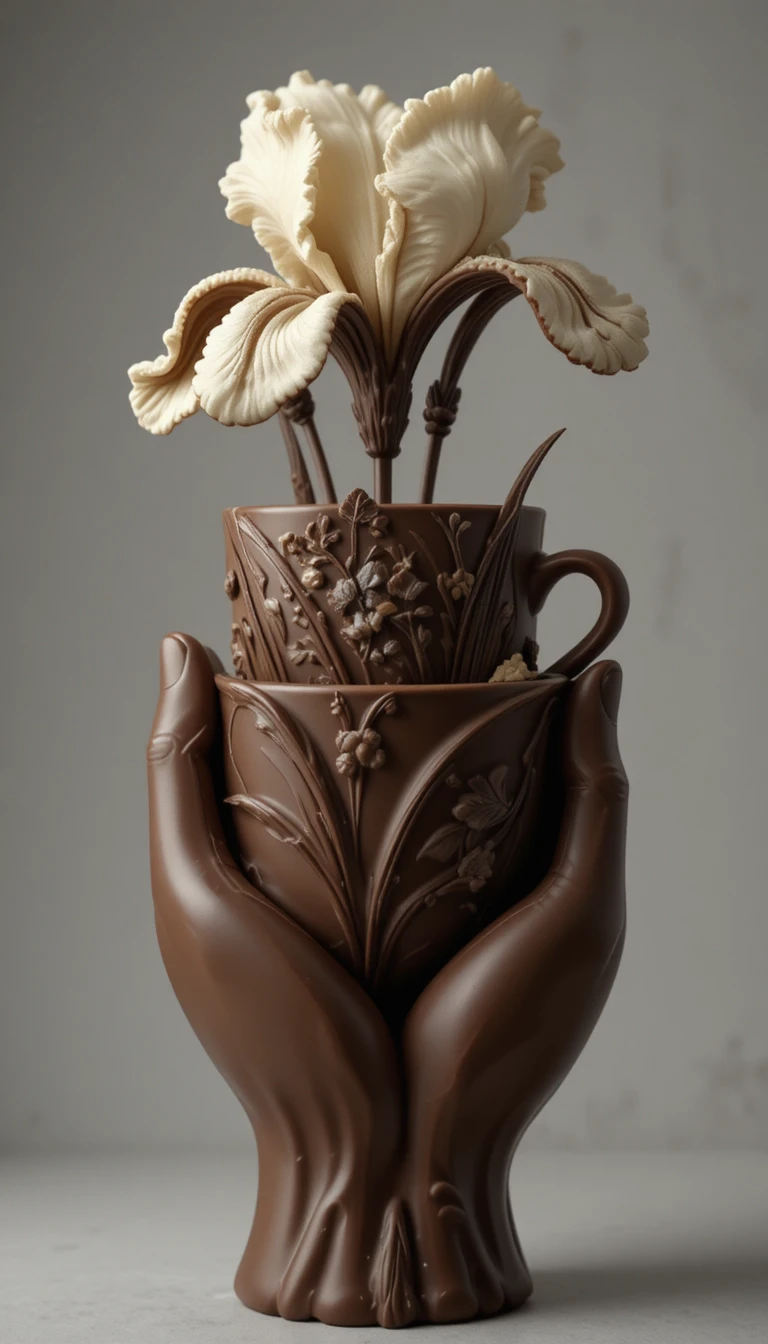Vaso a forma di mano di cioccolato che regge una tazza di caffè decorata