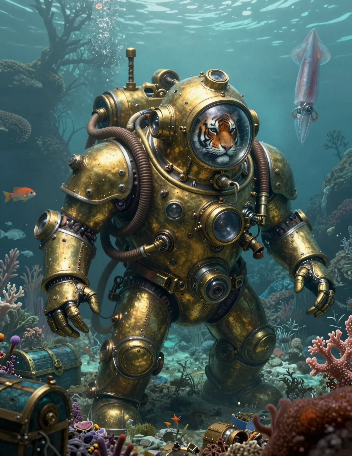 Steampunk-Tigertaucher im Messinganzug unter dem Meer
