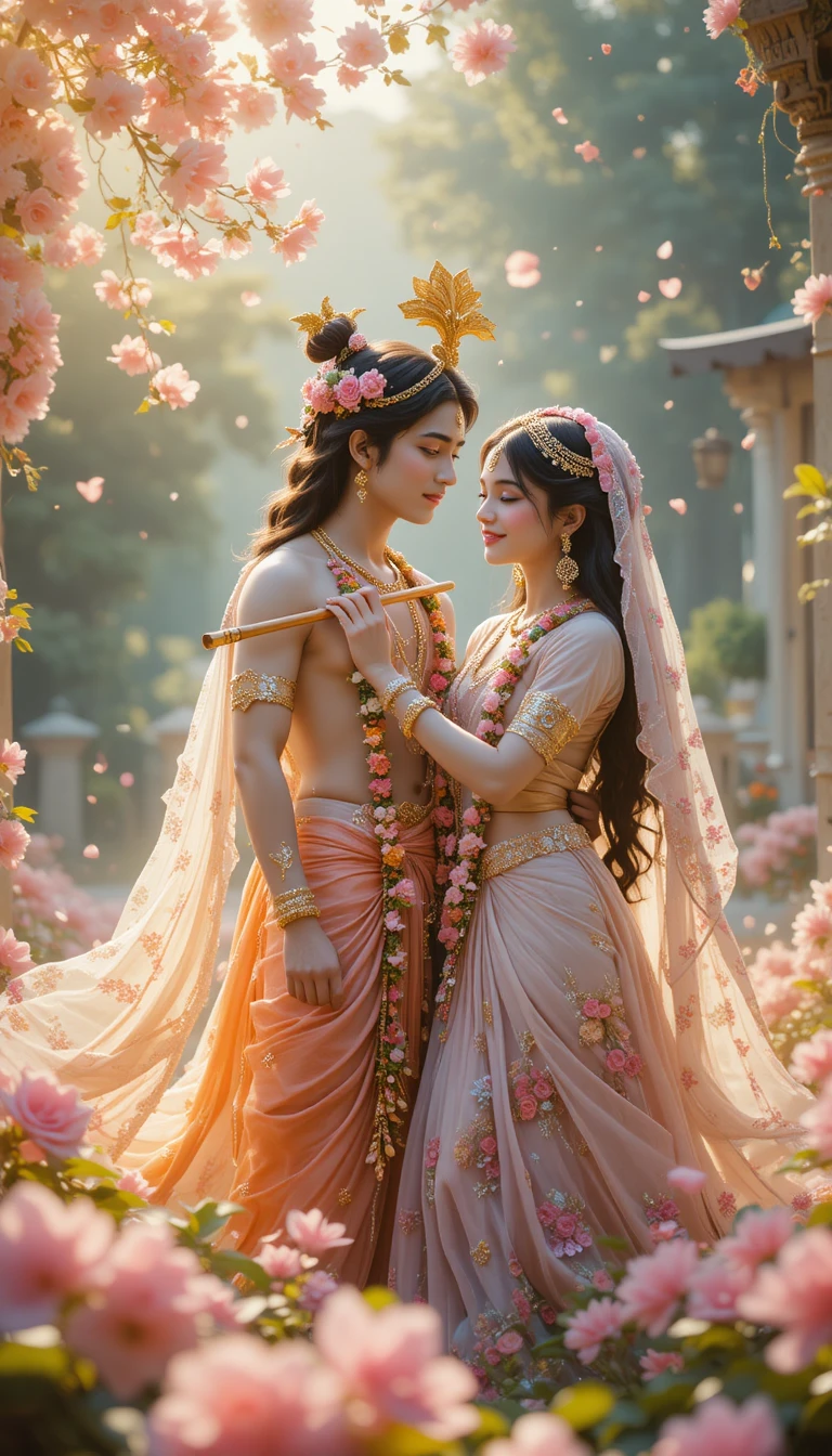 Göttliches Paar im Vrindavan-Garten mit fallenden rosa Blüten