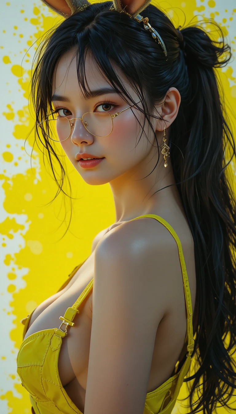 Playful japanese model in glasses with rabbit ears pose
