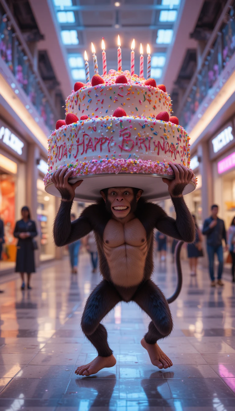 Macaco determinado carregando bolo de aniversário alto no shopping