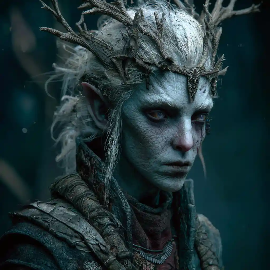 Corrupted elf druid with ashen skin and pale eyes