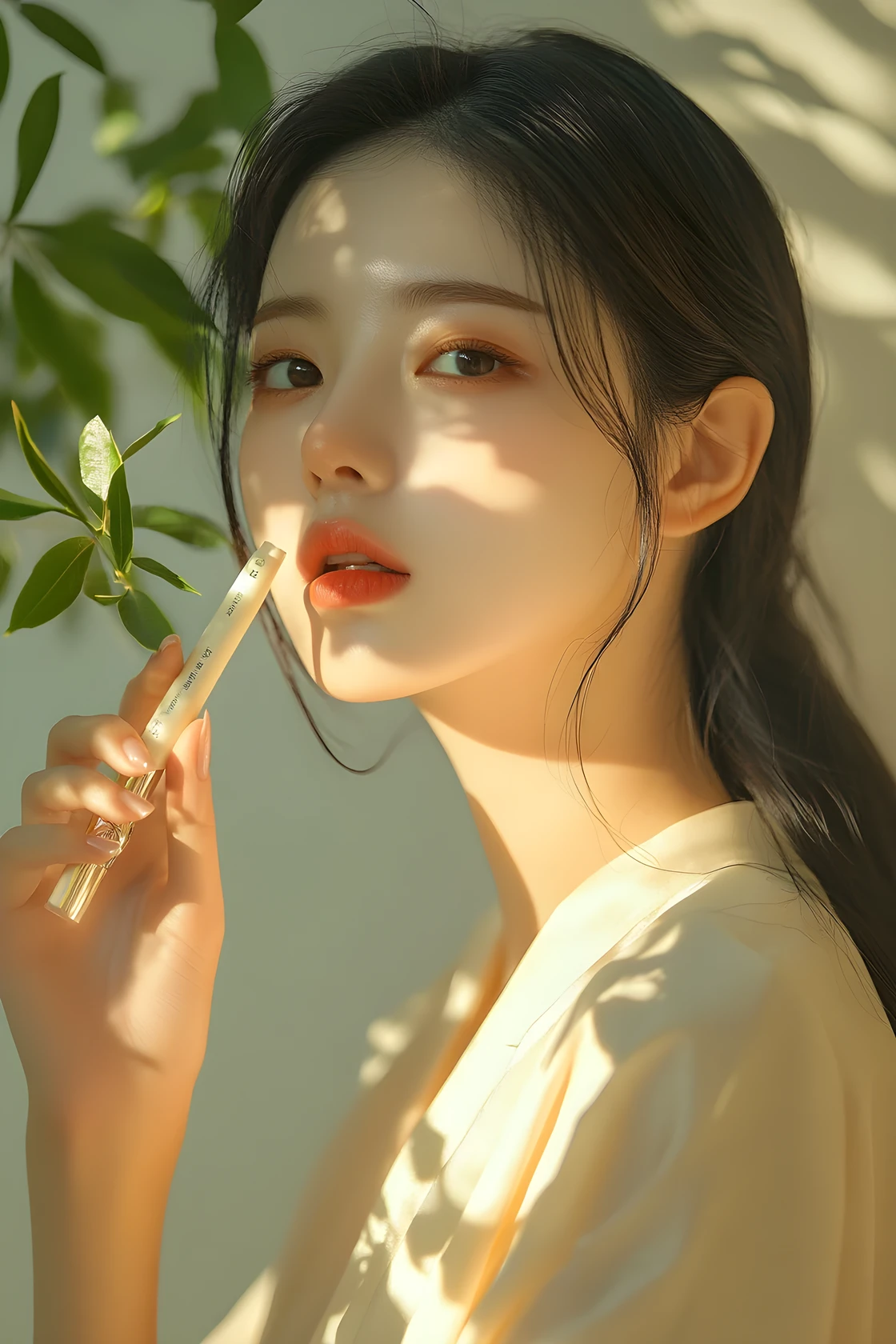 Elegante mujer coreana con bolso bajo un cálido resplandor de sol