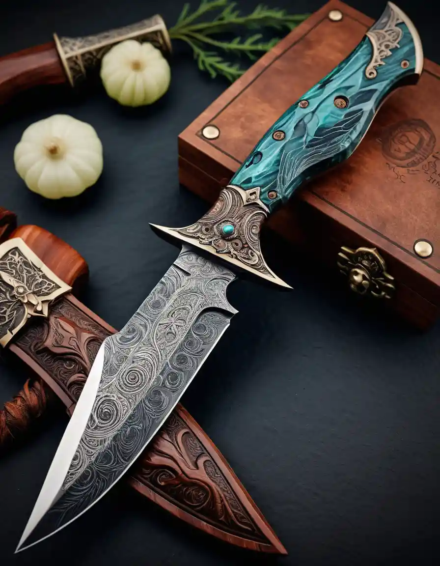 Vista en POV de un cuchillo de fantasía personalizado de acero de Damasco