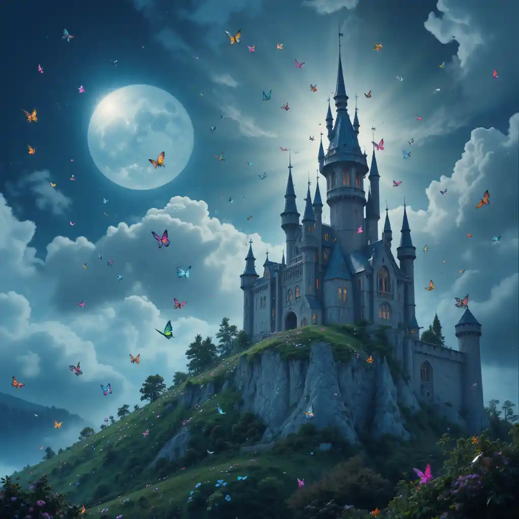 Moonlit medieval castle with fairies and butterflies