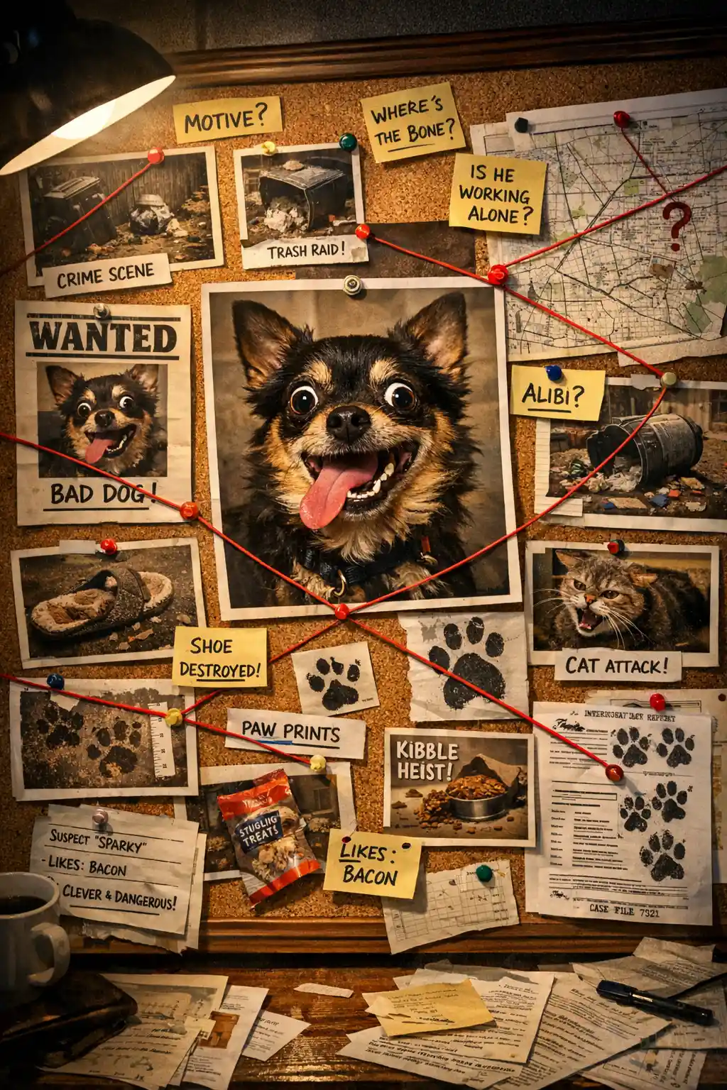 Detektiv-Beweiswand voller Hinweise zu einem Haustierhund