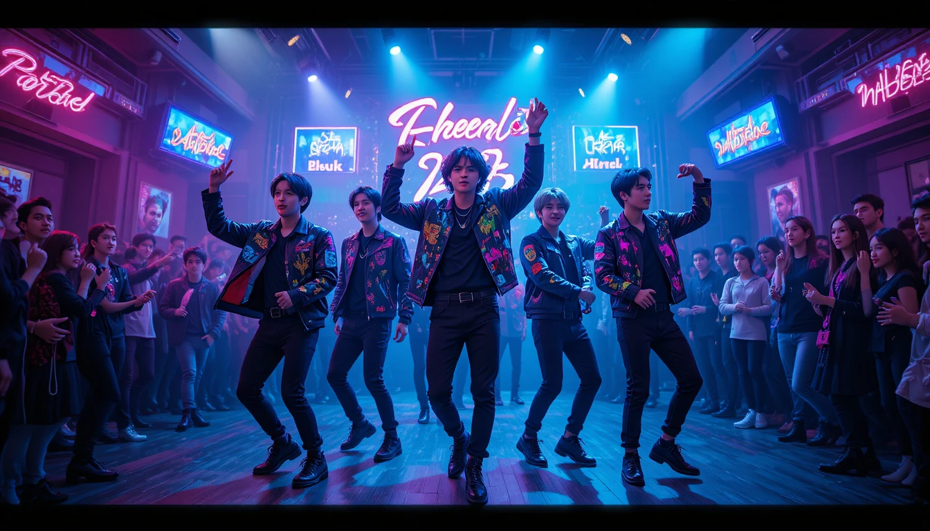 K‑Pop-Boyband tanzt auf der Bühne im Neon-Cyberpunk-Licht