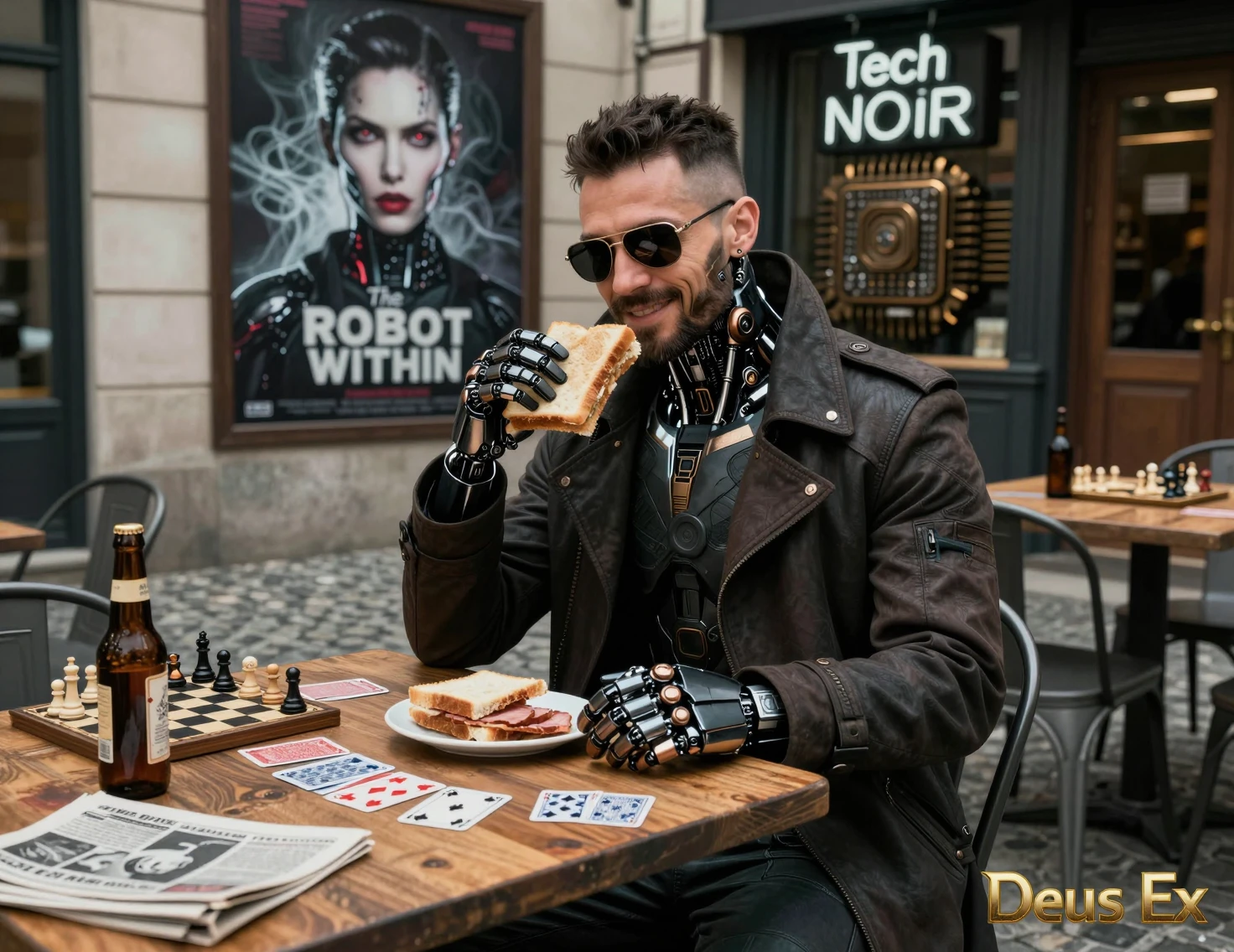 Augmented detective cyborg eating at an outdoor cafe table