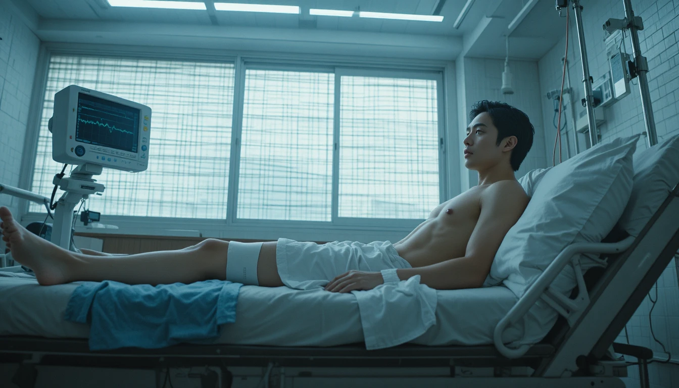 Injured man on hospital bed under flickering fluorescent lights