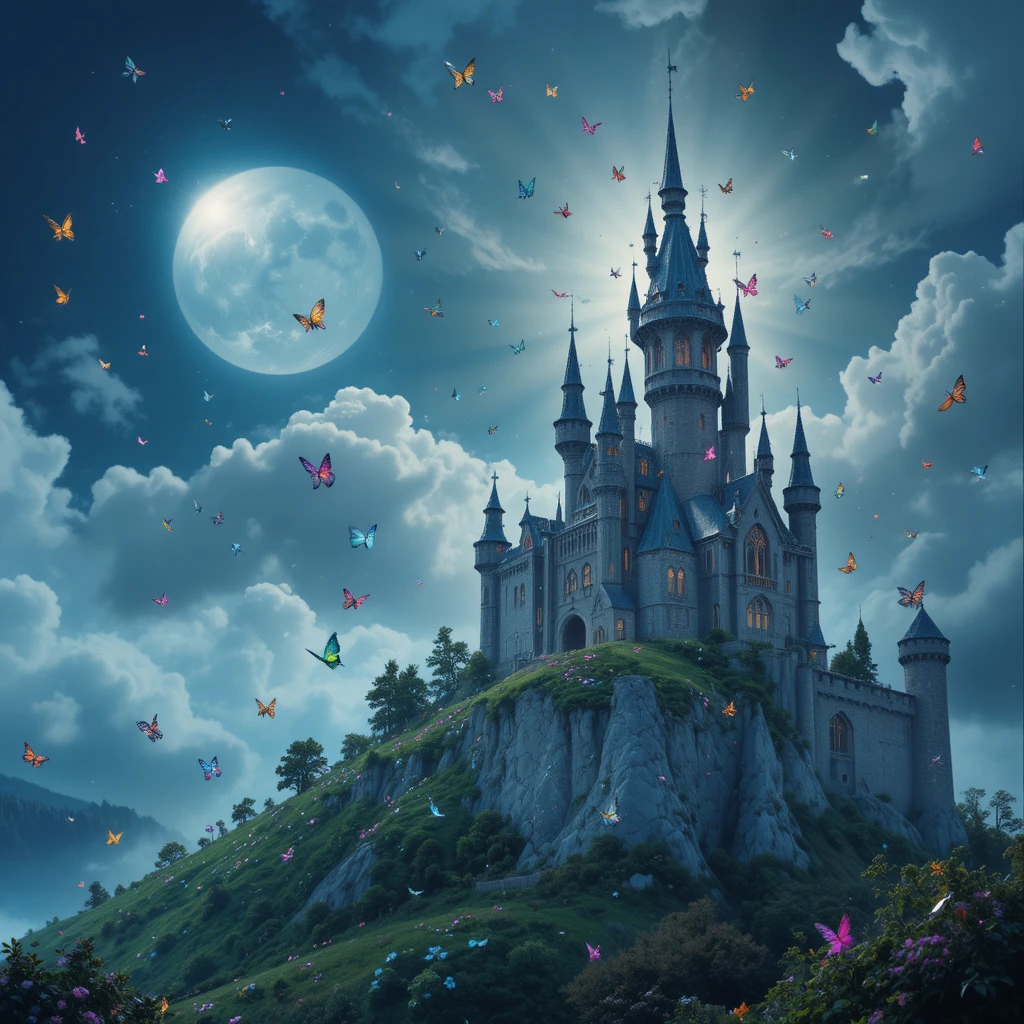 Moonlit medieval castle with fairies and butterflies