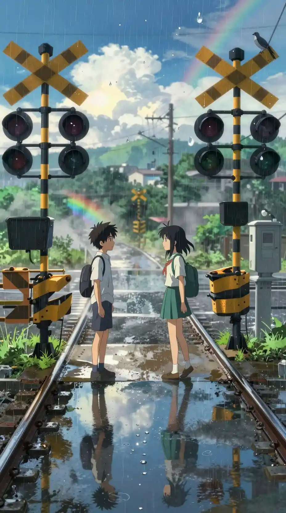 Anime boy and girl meet at a rainy urban railway crossing
