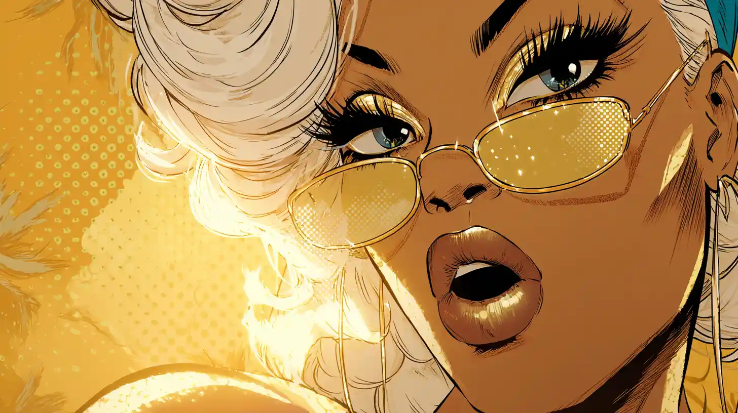 Glamorous beach woman with dramatic lashes at sunset