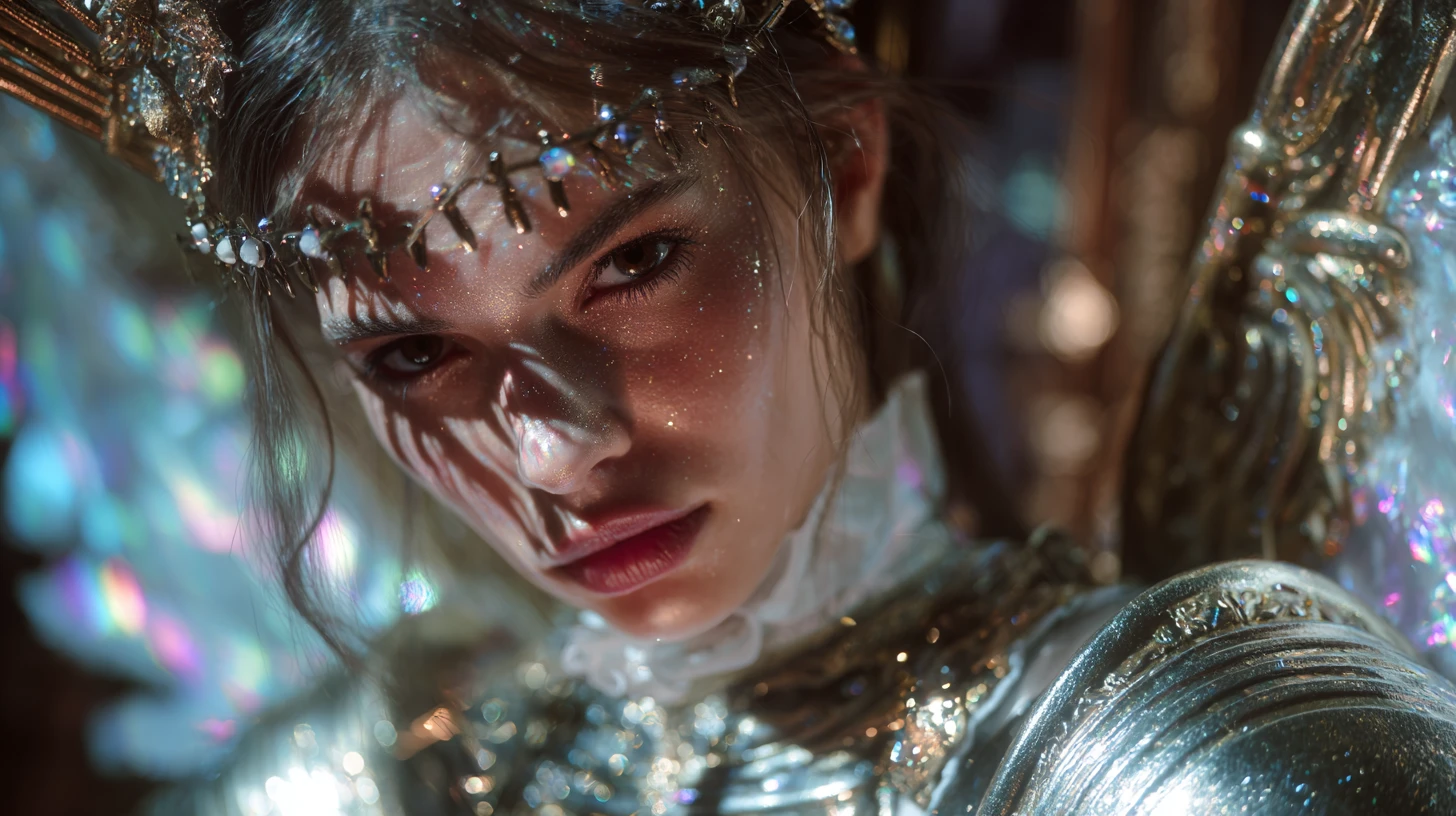 Angelic warrior woman in celestial glam fashion armor