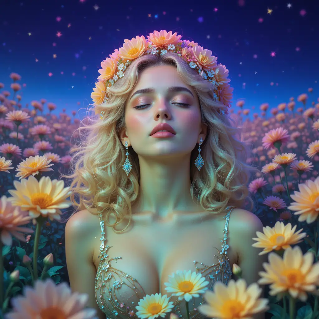 Donna bionda con corona di fiori in un campo floreale da sogno