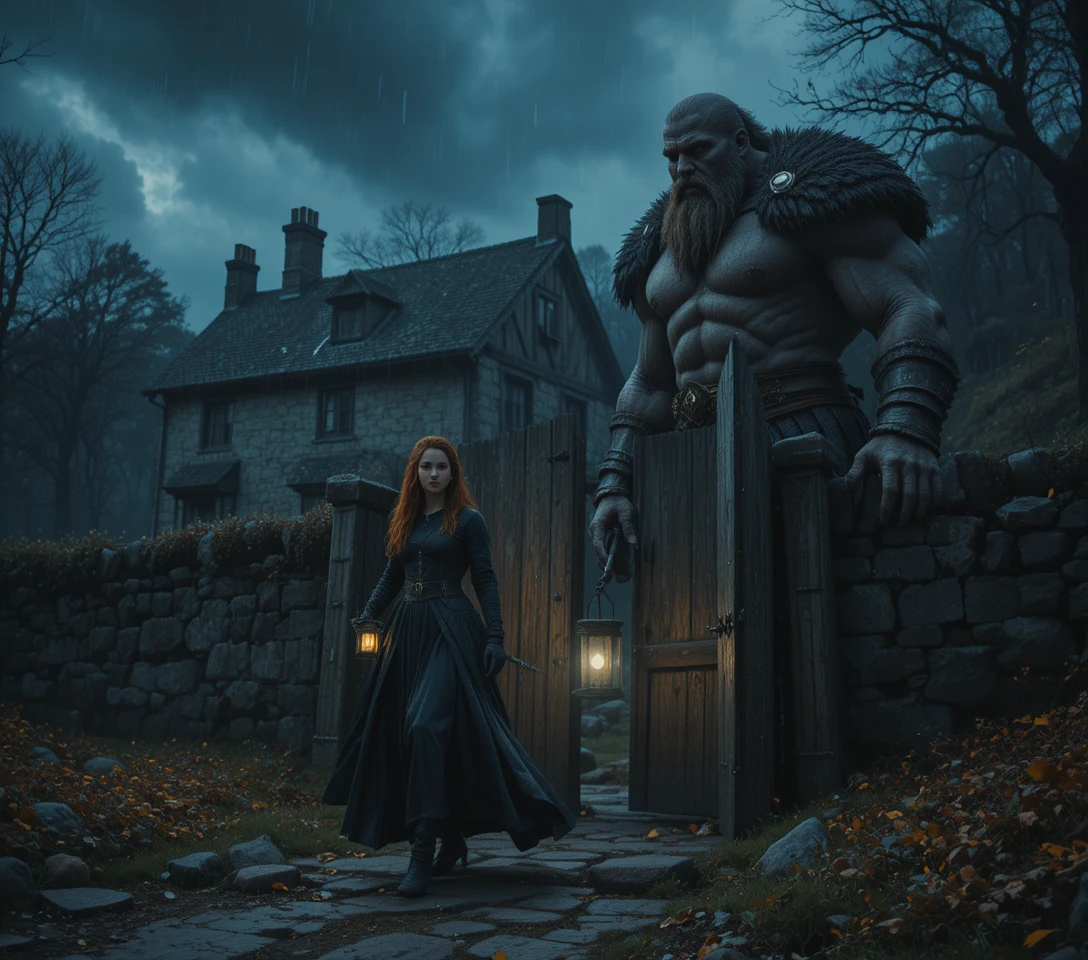 Peasant woman with lantern guarding a medieval gate at night