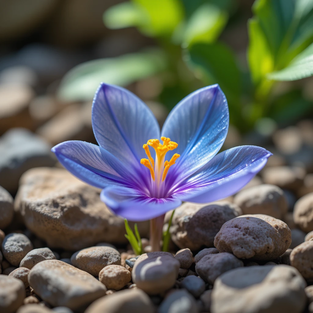 Transparente, glasartige Blume auf Steinen in weicher Nahaufnahme