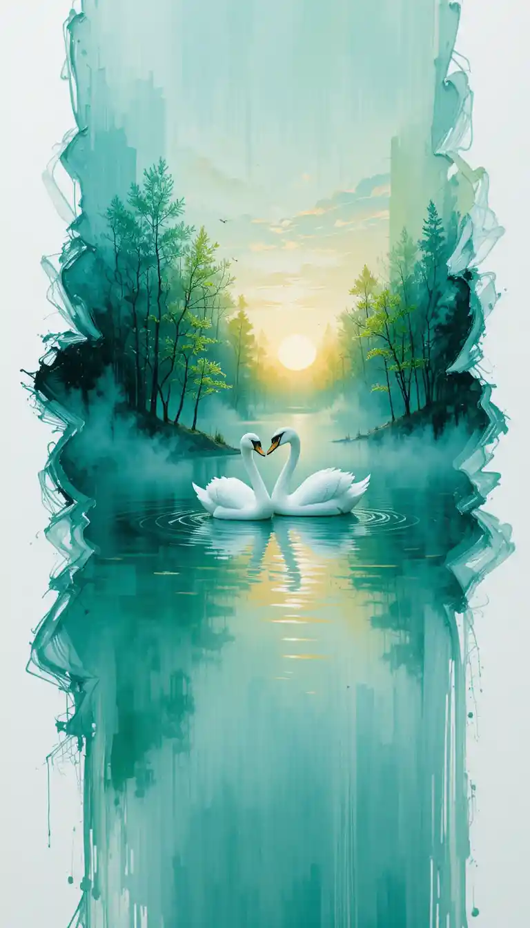 Double exposure swans on a serene forest lake at sunset