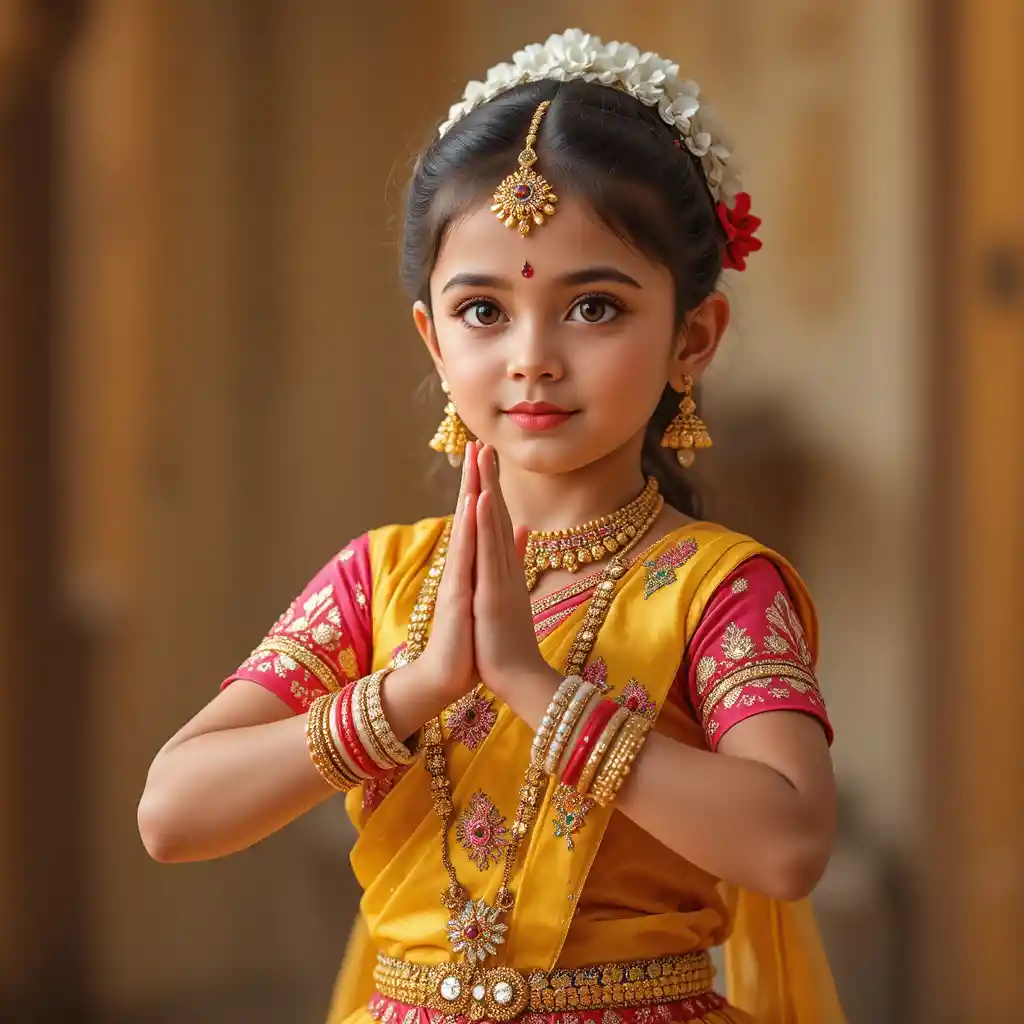 Indian girl in colorful lehenga dancing with graceful mudras