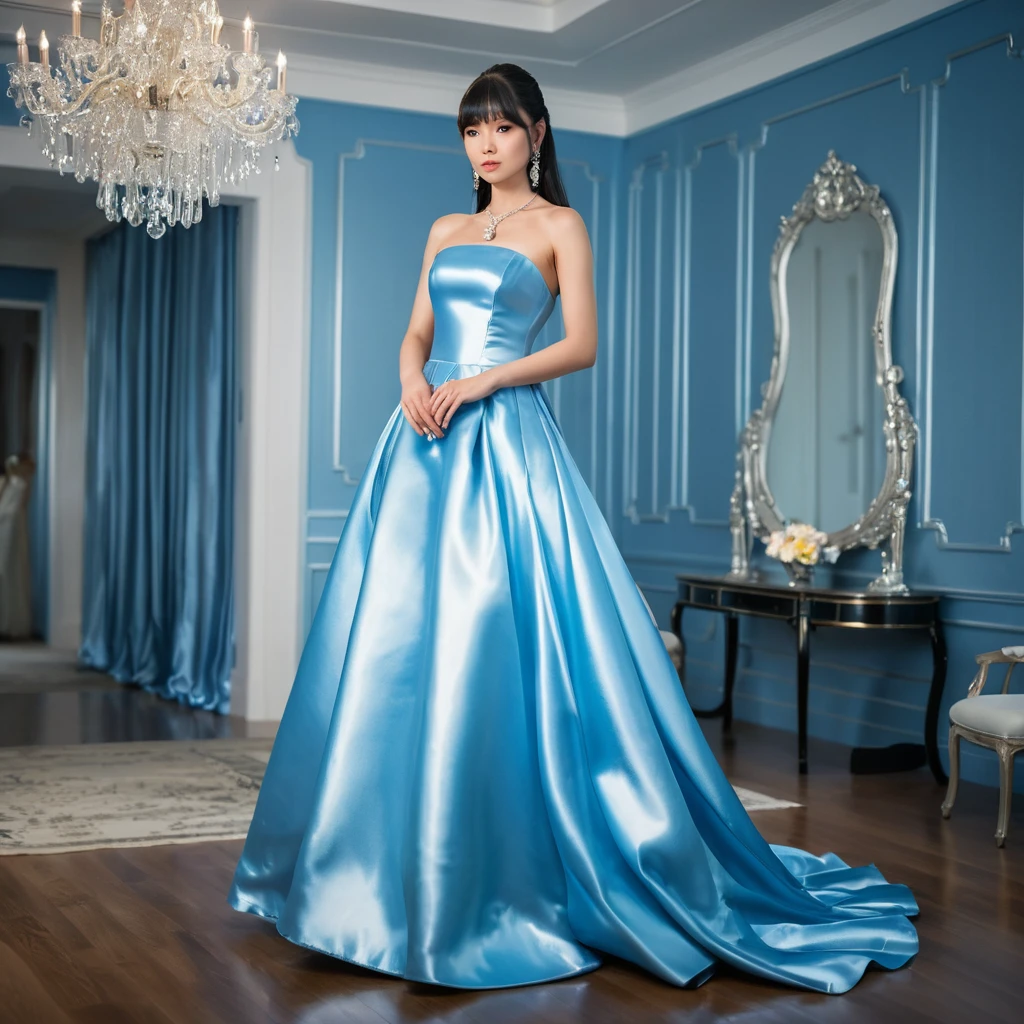 Elegant woman in blue satin gown in a refined room