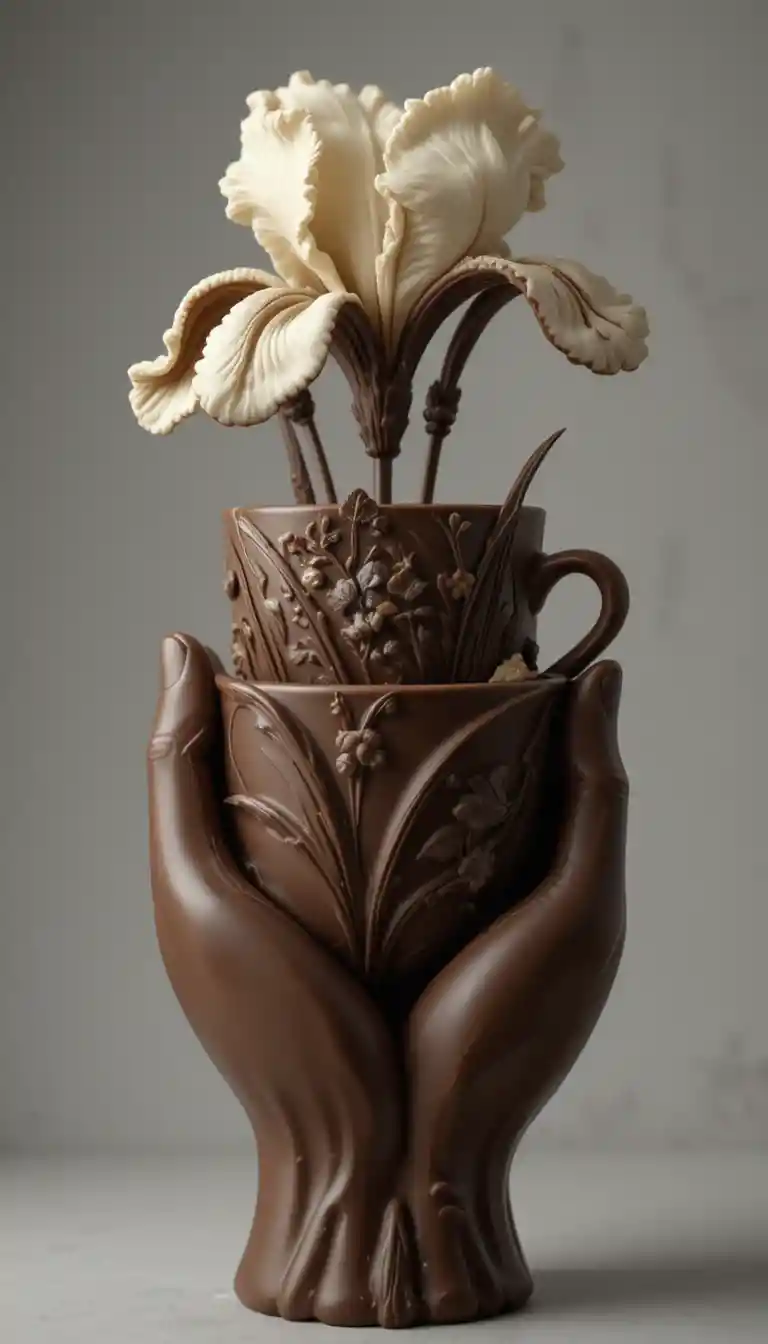 チョコレートの手形の花瓶が装飾されたコーヒーカップを持つ