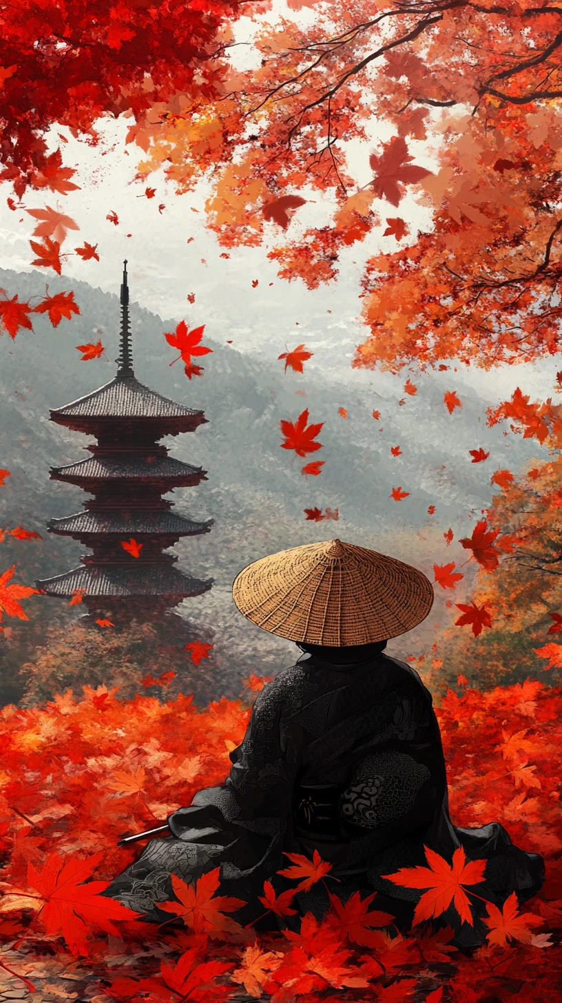 散りゆく紅葉に囲まれた黒い着物の侍