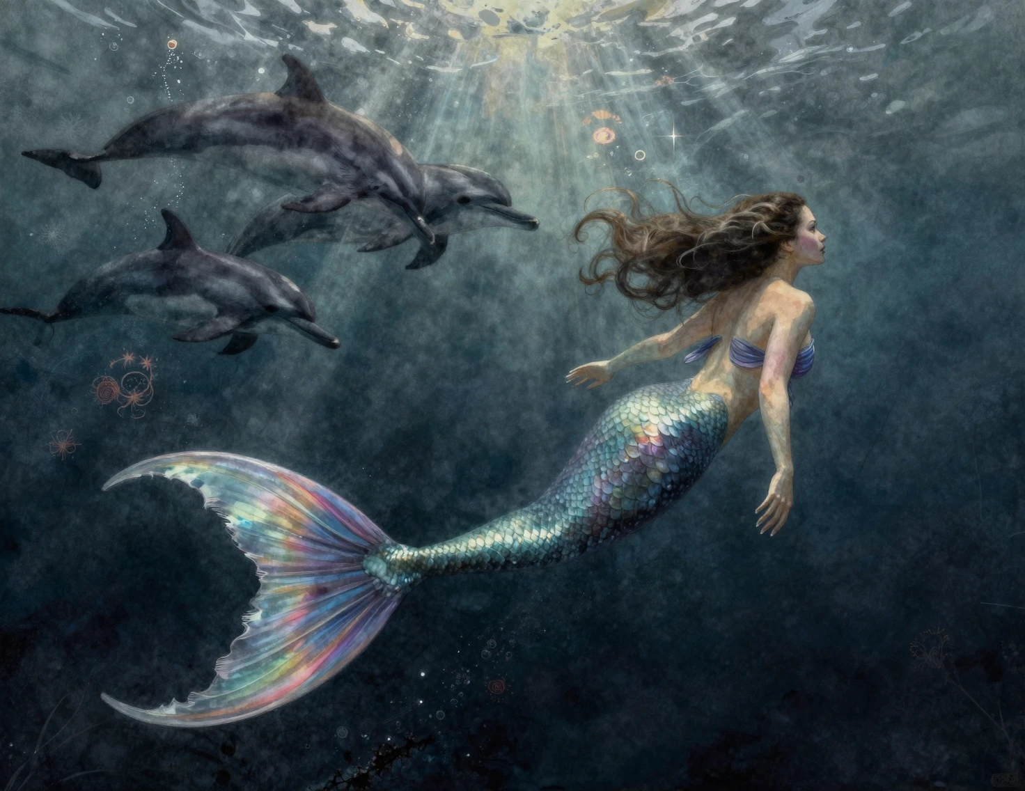 Mermaid With Rainbow Tail Swimming In A Dreamy Underwater World