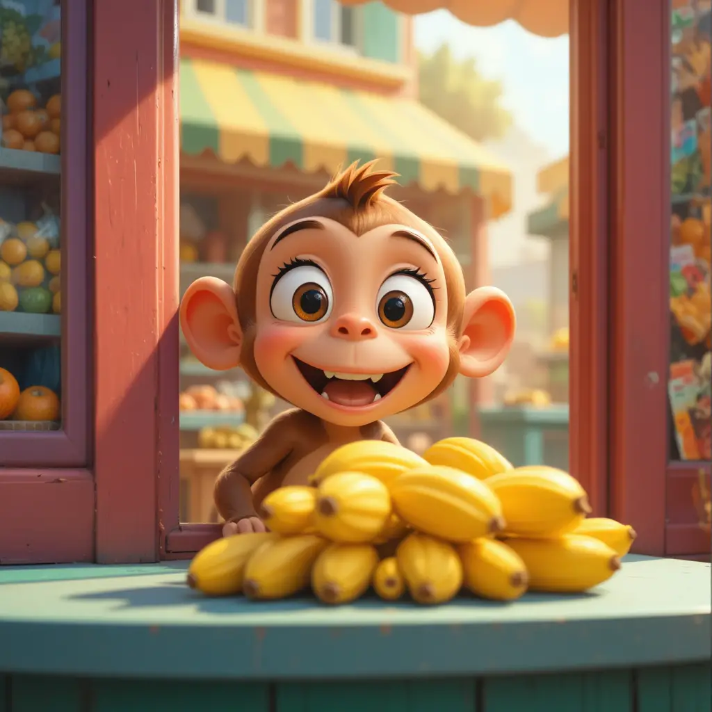 Mono caricaturesco y juguetón asomándose desde una colorida frutería