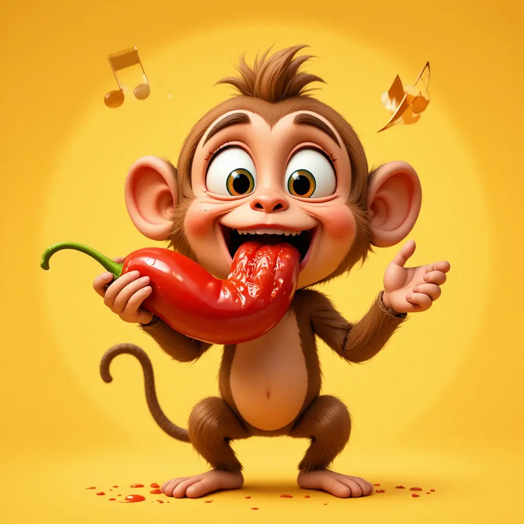 Mono tierno de caricatura reaccionando a un chile extremadamente picante