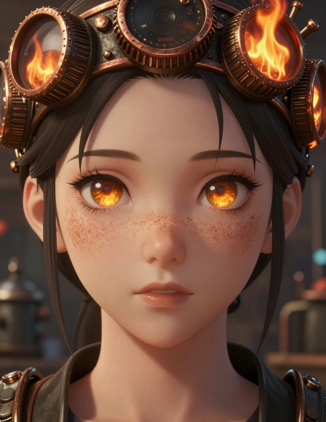 Chica de anime con corona steampunk y ojos ámbar brillantes