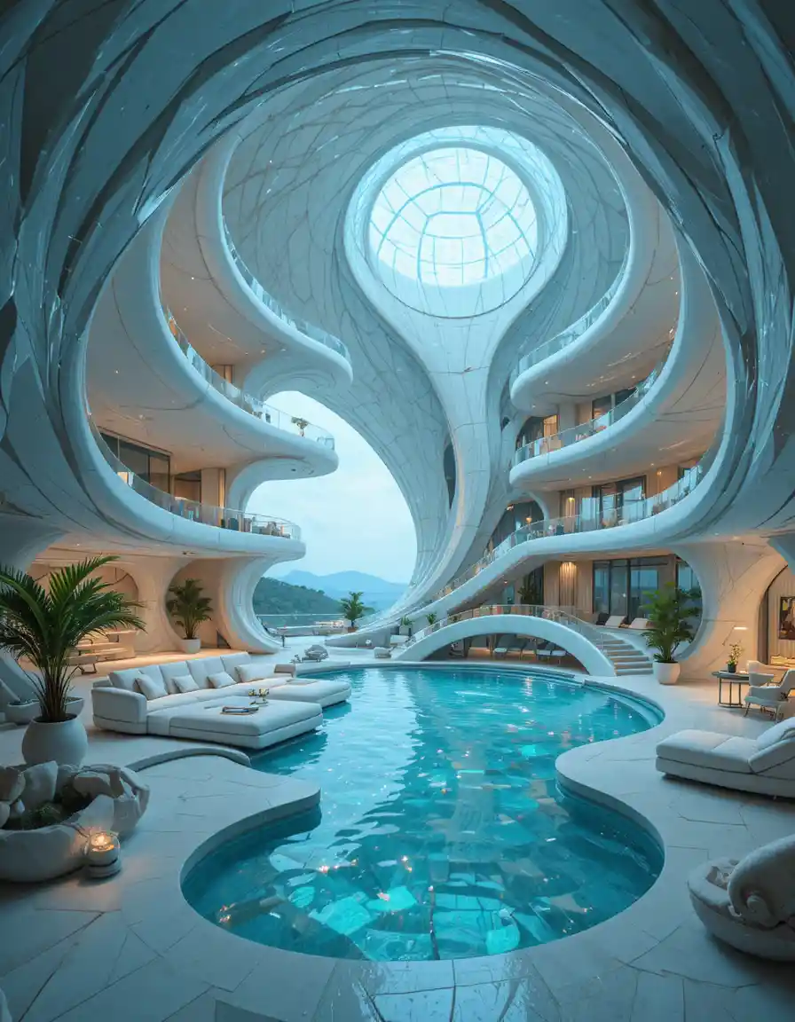 Futuristisches Luxus-Penthouse-Interieur mit spiralförmigen Muschelformen