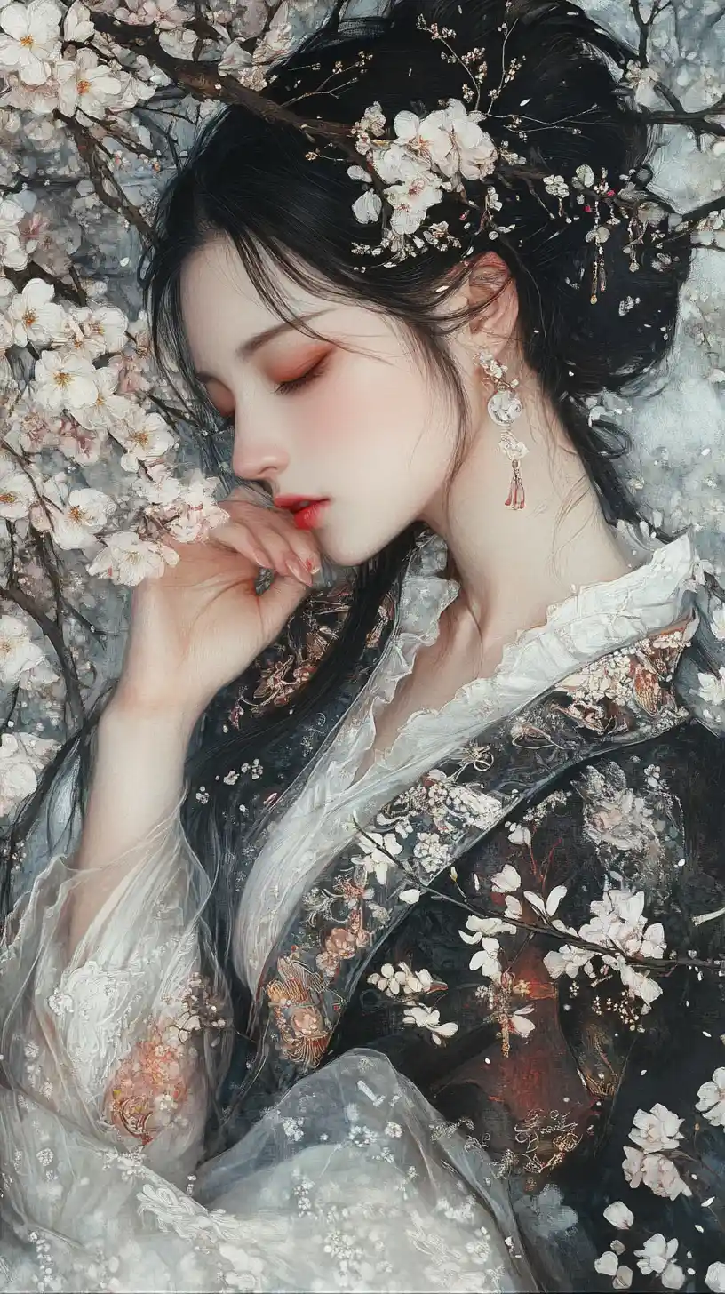 Mujer con hanfu de seda junto a un melocotonero en flor