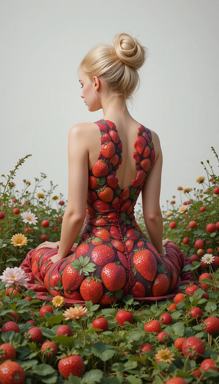 Jeune fille blonde avec body painting de fraises assise dans un pré