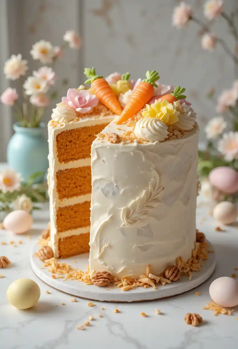 Elegant carrot cake with pastel Easter decorations on table