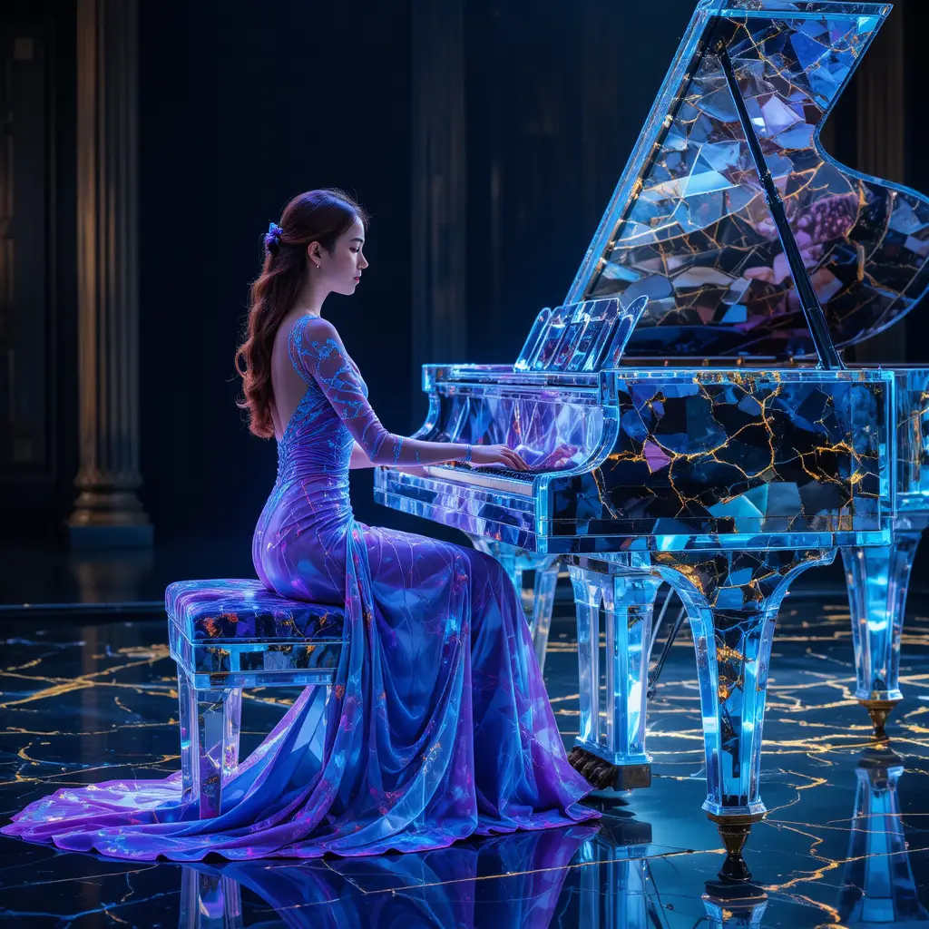 Pianista coreana in abito brillante viola e ciano sul palco
