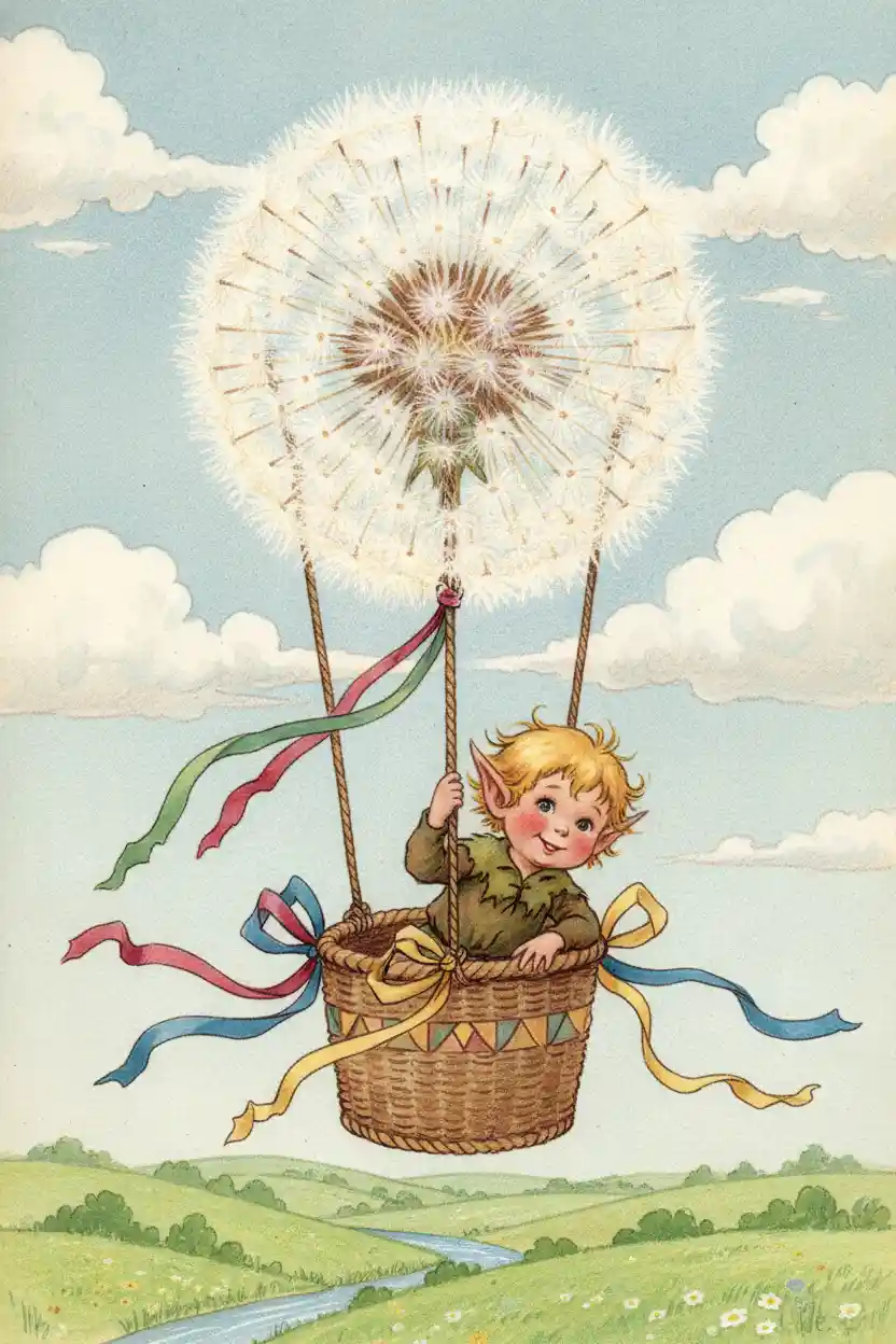 Elfenkind schwebt in einem Löwenzahn-Ballon über den Wolken