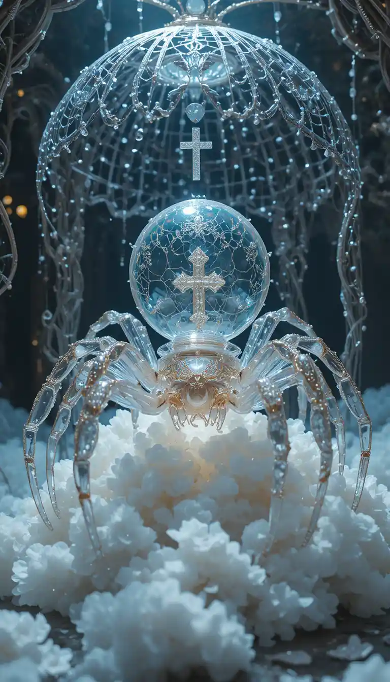 Transparent glass spider in a glittering cloud pavilion