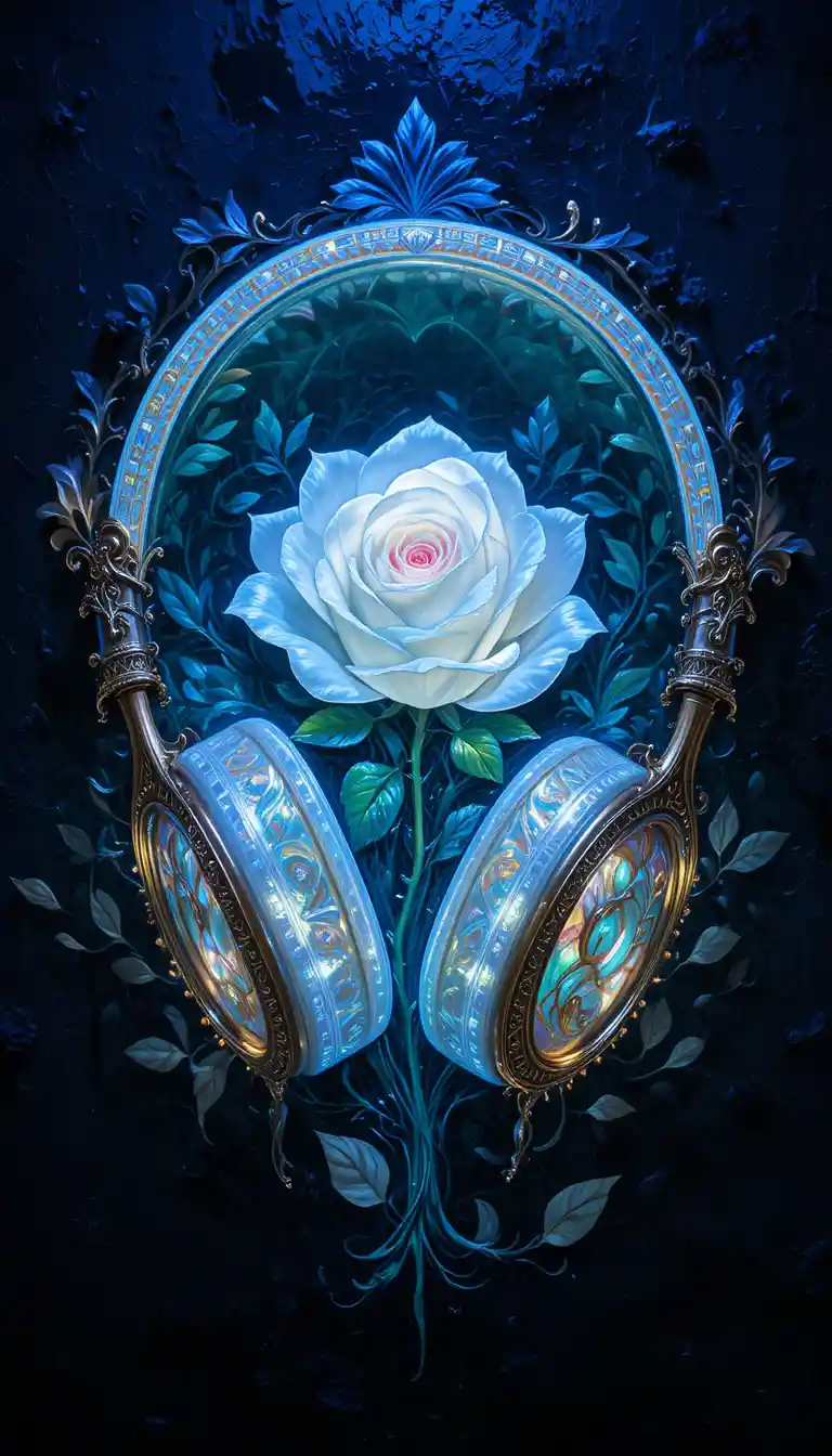 Scultura di rosa bianca che brilla sotto una luce nera drammatica