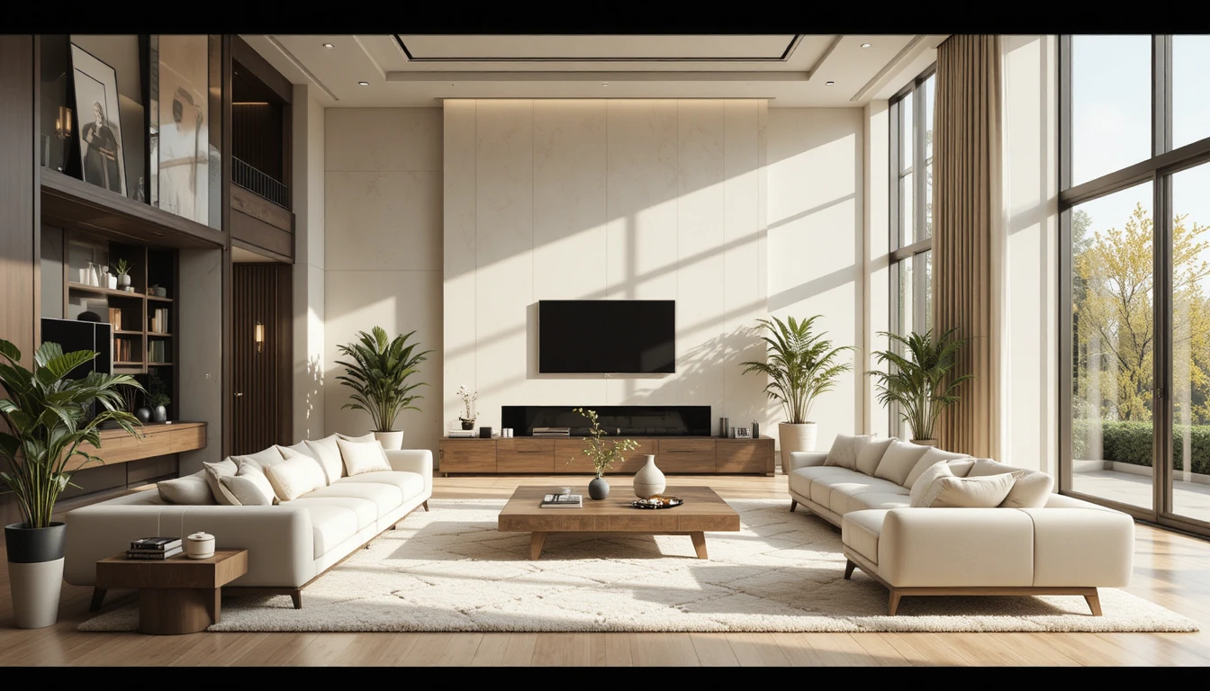 Soggiorno minimalista con ampie finestre e luce calda