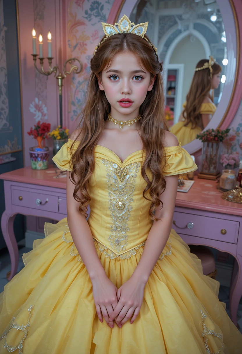 Preadolescente vestido como Bella posando en un tocador